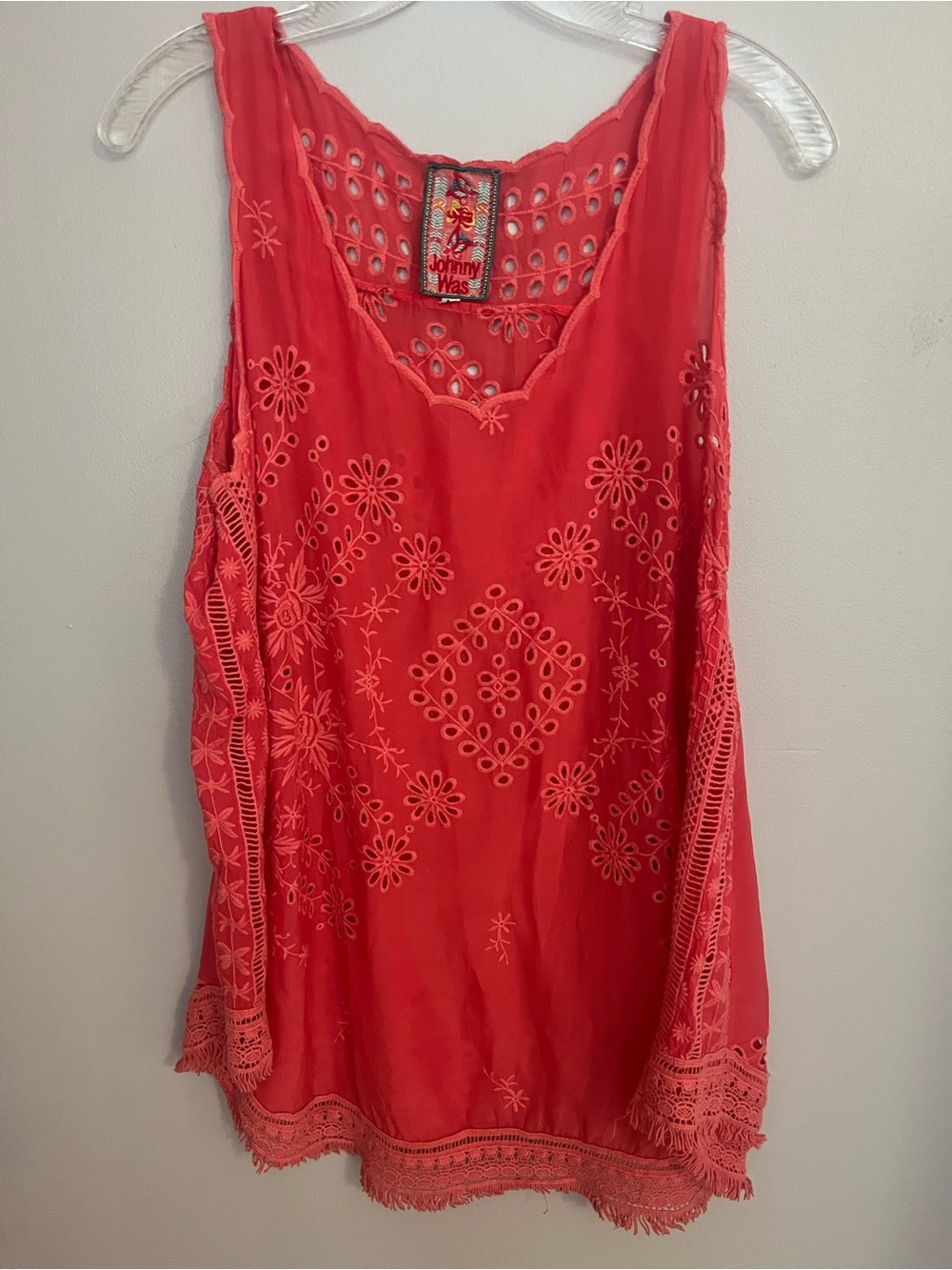 Johnny Was Coral Eyelet Floral Cutwork Tank